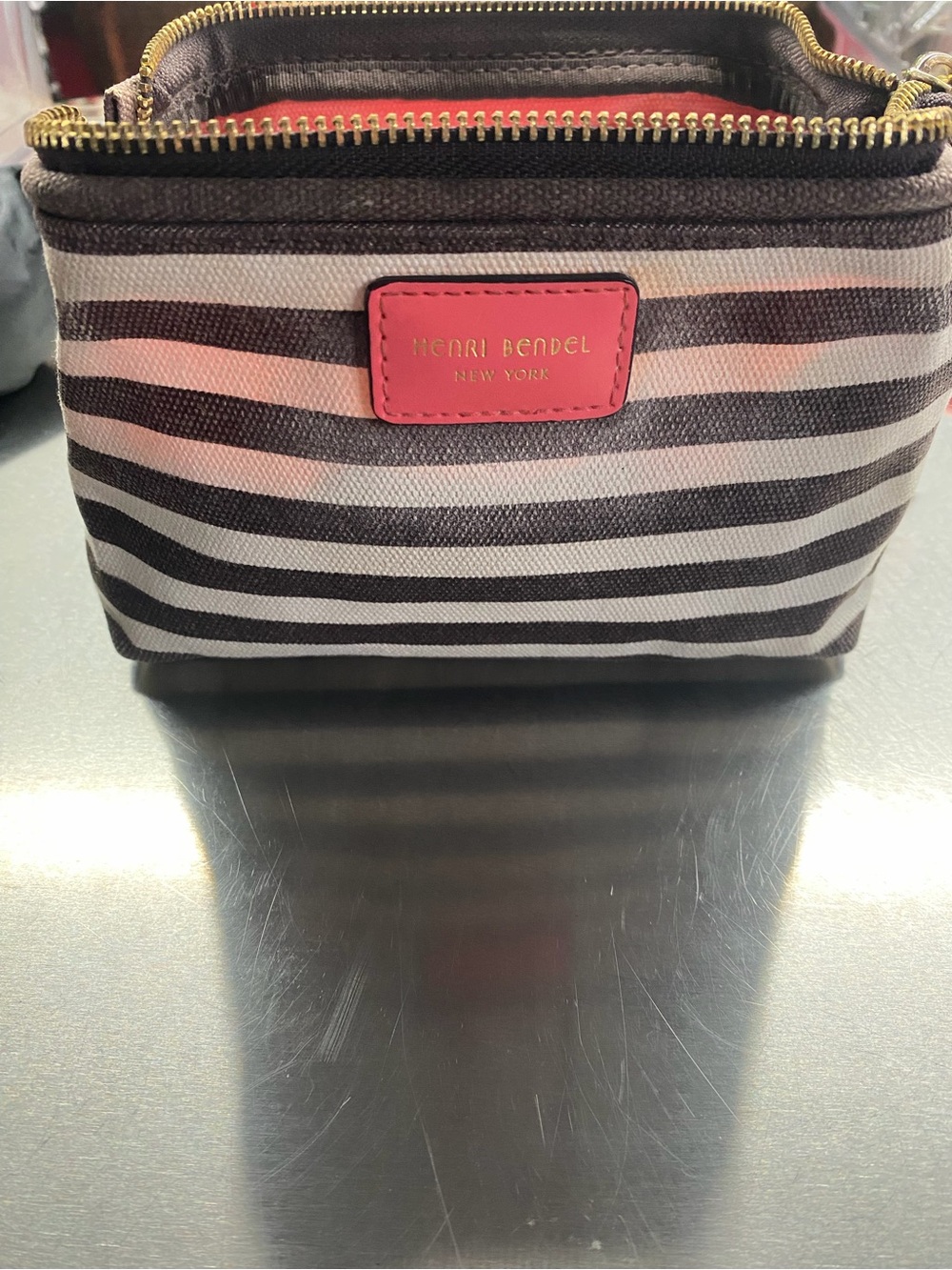 henri bendel Black and White Striped Cosmetic Pouch with Red Patch